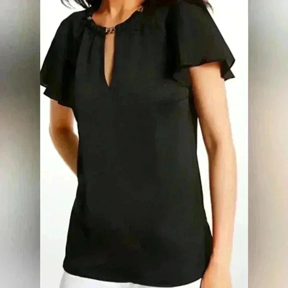 701 Michael Michael Kors Chain-Link Cutout Hammered Satin Blouse - Black - Small
